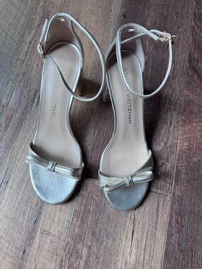 Stuart Weitzman Metallic Gold Ankle-Strap Bow Heels